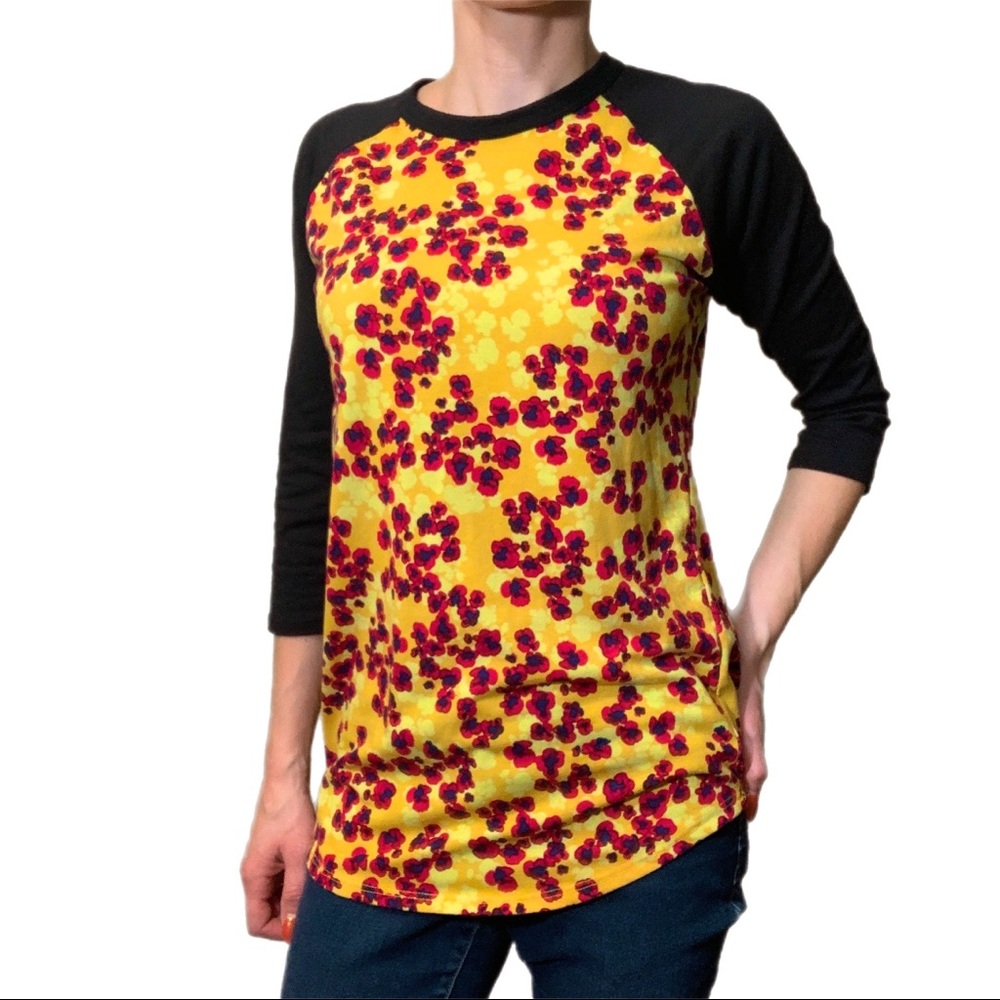 LuLaRoe yellow and red floral baseball tee